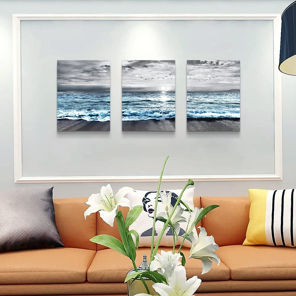 Wall Decorations For Living Room 3 Piece Framed Canvas Wall Art For Bedroom Office Wall Decor Black And White Beach Wall Painting Blue Ocean Wave Pictures Artwork Modern Posters Home Decor