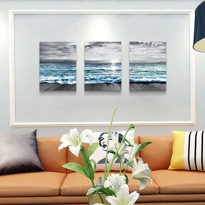Wall Decorations For Living Room 3 Piece Framed Canvas Wall Art For Bedroom Office Wall Decor Black And White Beach Wall Painting Blue Ocean Wave Pictures Artwork Modern Posters Home Decor