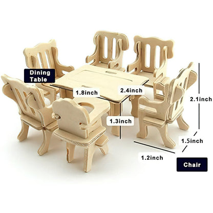 DIY Wooden Dollhouse Furniture Set, 3D Puzzle Miniature Room Accessories, Natural Wood