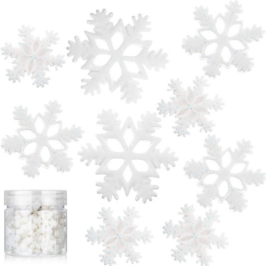 50 Pcs Mini Snowflake for Craft Tiny Resin Snowflake Buttons Little Christmas Plastic Snow Embellishment Decoration with Storage Box for Christmas Winter Party Decor DIY, 3 Size(White)