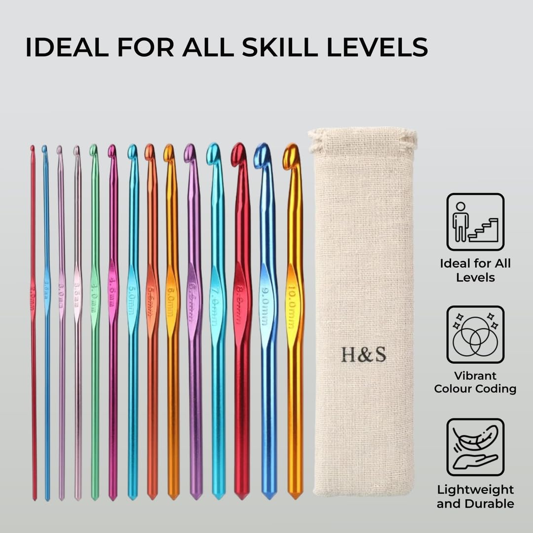 Crochet Hooks Set Aluminium 14pcs Needles with Pouch Case 2mm 2.5mm 3mm 3.5mm 4mm 4.5mm 5mm 5.5mm 6mm 6.5mm 7mm 8mm 9mm 10mm