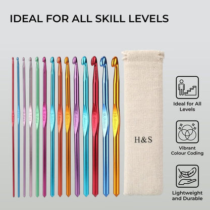 Crochet Hooks Set Aluminium 14pcs Needles with Pouch Case 2mm 2.5mm 3mm 3.5mm 4mm 4.5mm 5mm 5.5mm 6mm 6.5mm 7mm 8mm 9mm 10mm
