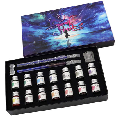 Glass Dip Calligraphy Pen Set, 18-Pieces 14 Color Inks, Pen Holder, Cleaning Cup, 2 Crystal Glass Pens for Art, Writing, Drawing, Signatures, Gift for Kids and Artist