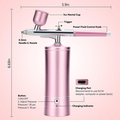 Airbrush Kit with Compressor, 30PSI High-Pressure Rechargeable Cordless Air Brush Gun with 0.3mm Nozzle & Cleaning Brush Set for Nail Art, Makeup, Painting, Cake Decor, Barber, Tattoo, Model