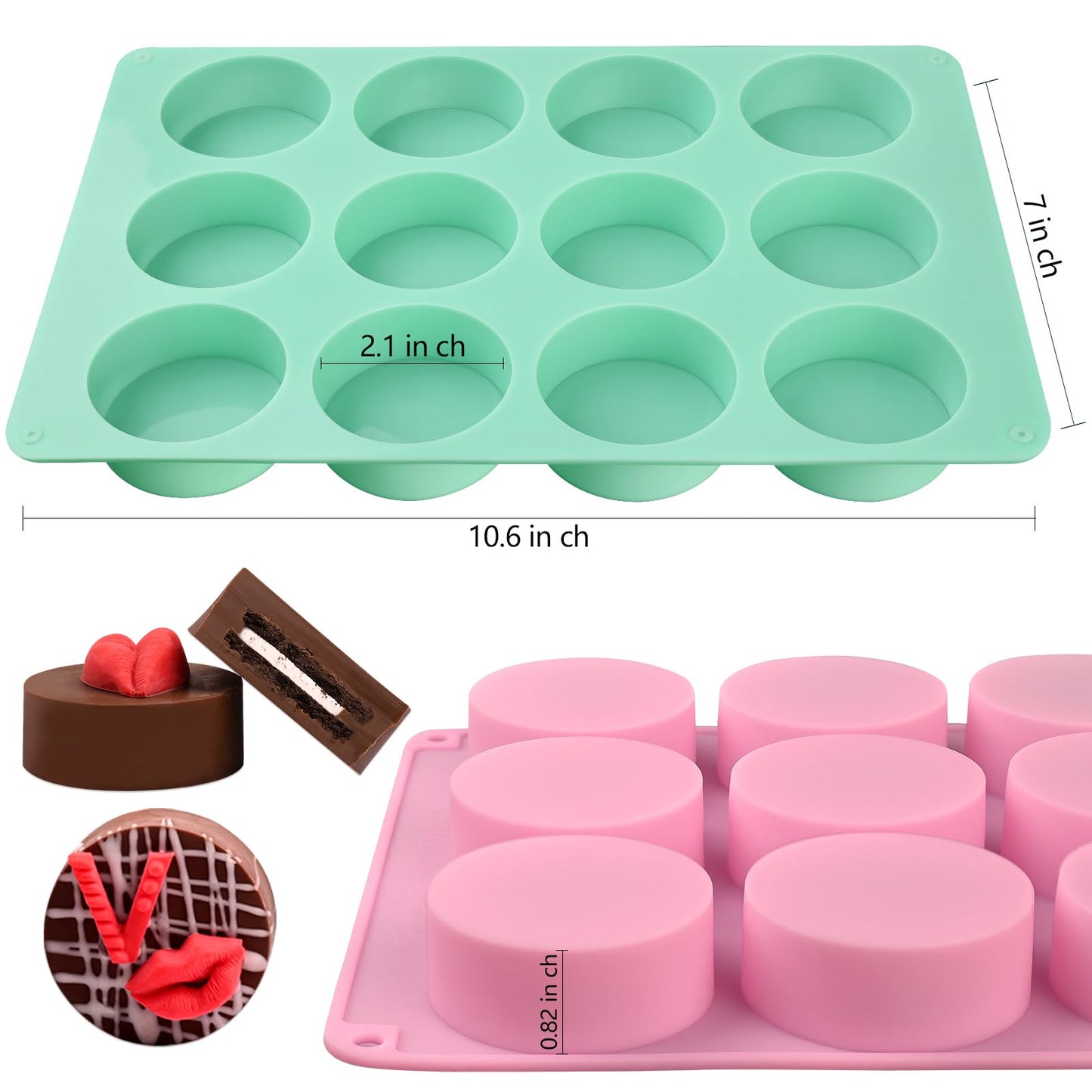 Round Chocolate Cookie Molds, New Size 12-Cavity Cylinder Chocolate Cover Cookie Silicone Molds for Candy Mini Cakes Jelly Baking（2 Pack）