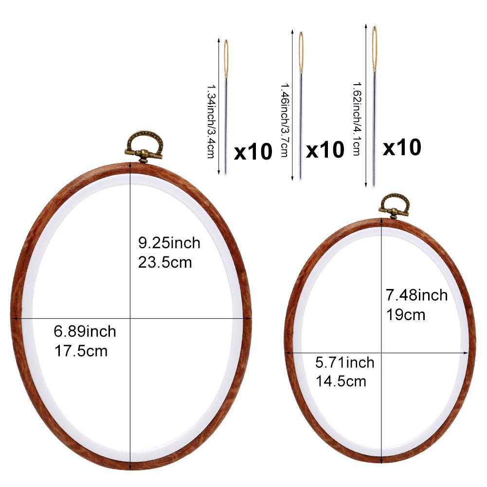 Embroidery Hoop, 7.5'' 9.2'' Oval Embroidery Hoop, Imitated Wood Display Frame with 30 Pieces Embroidery Needles, Embroidery Frame and Cross Stitch Hoop for Art Craft Sewing and Wall Hanging