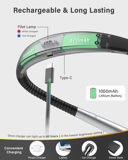 LED Neck Reading Light Rechargeable, Book Light for Reading in Bed, 3 Colors & 5 Brightness Adjustable, Long Lasting. Great for Knitting, Camping & Repairing