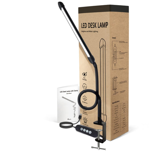 LED Desk Lamp with Clamp, Clamp Light with 30 Adjustable Color Modes, Clip on Light with Long Flexible Gooseneck, Eye Care Lamp Clamp for Study, Work, Home, Office, Black, 12W