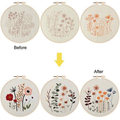 3 Pack Embroidery Starter Kit for Beginners Stamped Cross Stitch Kits with Cute Flowers and Plants Patterns with 1 Embroidery Hoop and Color Threads for Adults Kids