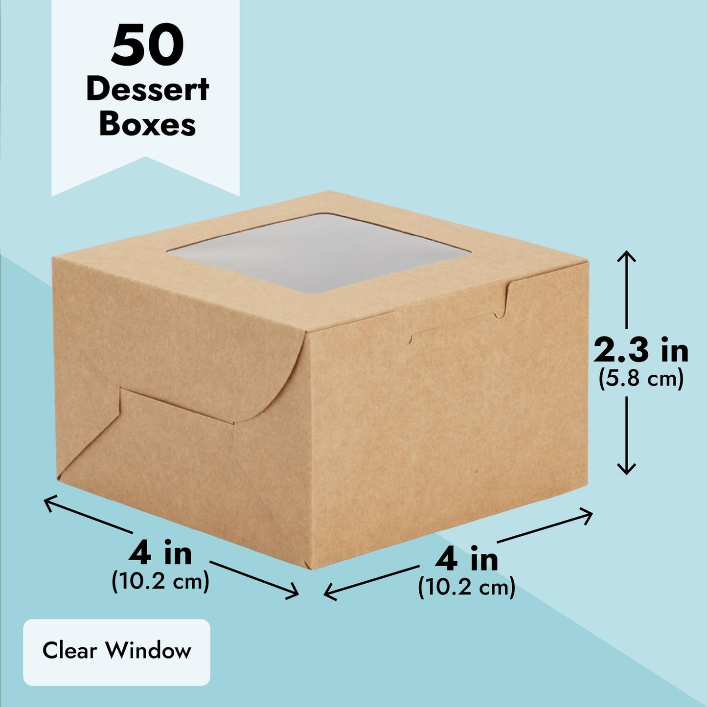 50 Pack 4x4x2.5 Mini Dessert Boxes with Window for Bakery - Baked Goods Packaging Containers for Cupcakes, Cookies, Pastry (Kraft Paper) - Cupcake Boxes