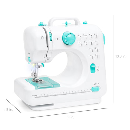 Compact Sewing Machine, 42-Piece Beginners Kit, Multifunctional Portable 6V Beginner Sewing Machine w/ 12 Stitch Patterns, Light, Foot Pedal, Storage Drawer - Teal/White