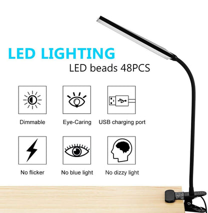 LED Desk Lamp, 5W USB Clip on Light Eye-Caring Reading Clamp Table Lamp with 48 LEDs Flexible Gooseneck, 3 Color Modes and 14 Brightness Levels for Office Bedroom Study (Black)
