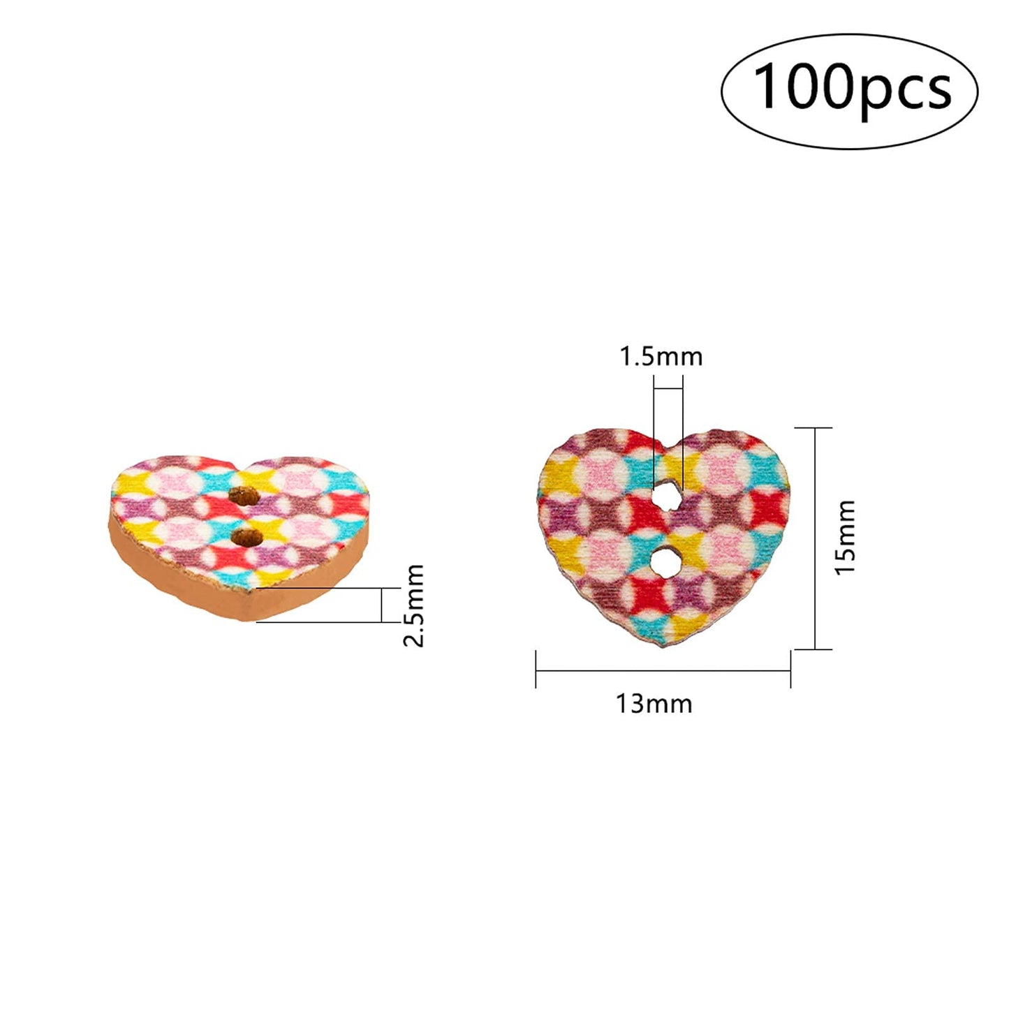 100pcs 13mm Heart Wooden Buttons 2 Holes Colorful Printed Heart Buttons for Sewing Fasteners Scrapbooking Crafts Crochet Manual Button Painting Handmade Ornament DIY Projects 1.5mm Hole