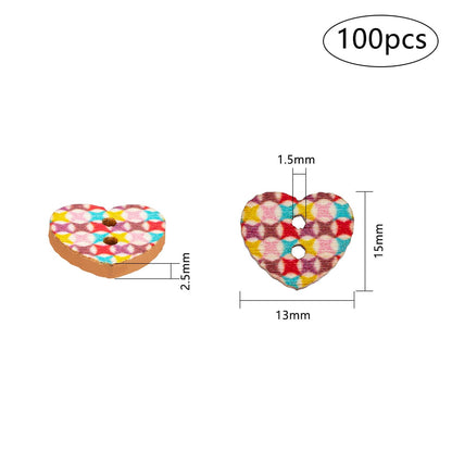 100pcs 13mm Heart Wooden Buttons 2 Holes Colorful Printed Heart Buttons for Sewing Fasteners Scrapbooking Crafts Crochet Manual Button Painting Handmade Ornament DIY Projects 1.5mm Hole