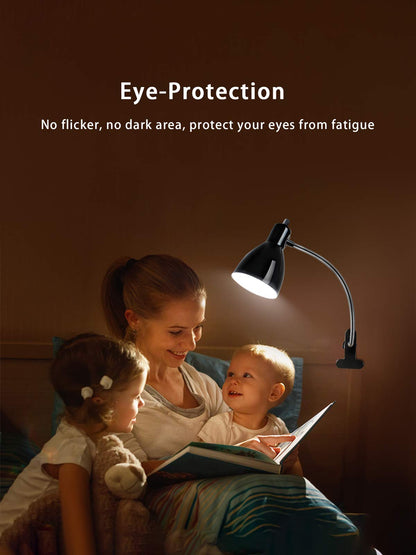 Desk lamp Eye-Caring Table Lamps, 360°Rotation Gooseneck Clip on Lamp Reading Light Portable Reading Book Light Clamp Study Desk Lamps for Bedroom and Office Home Lighting (Black)