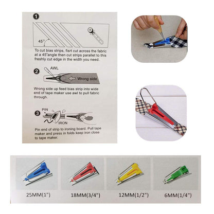 Bias Tape Maker Kits All 5 Sizes 6MM 9MM 12MM 18MM 25MM Binding Foot Craft Clips Awl Quilter's Pin