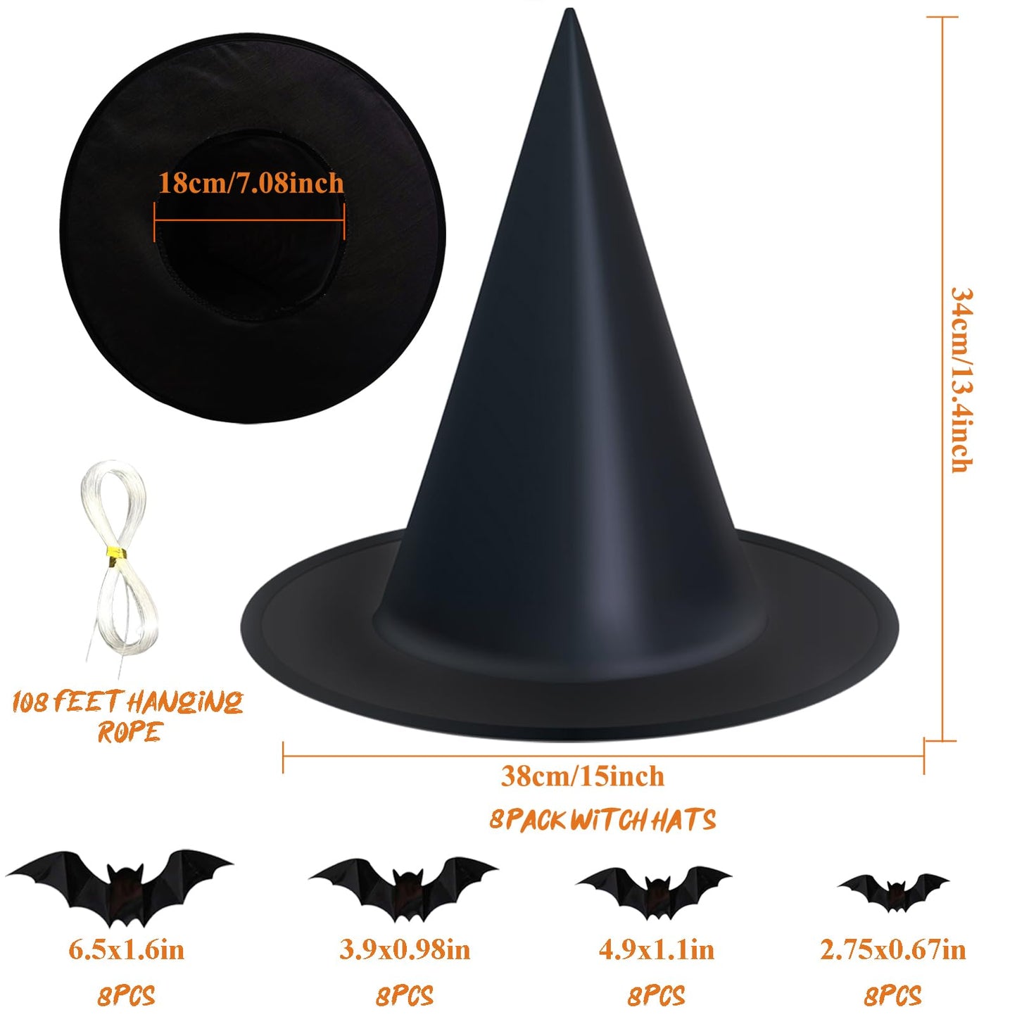 Witch hats 8 Pack Halloween Witches Hat with 108 Feet Hanging Rope & 32Pcs 3D Bats, Hanging Witch Hats Halloween Decor Witches Costume Accessory for Party Favor