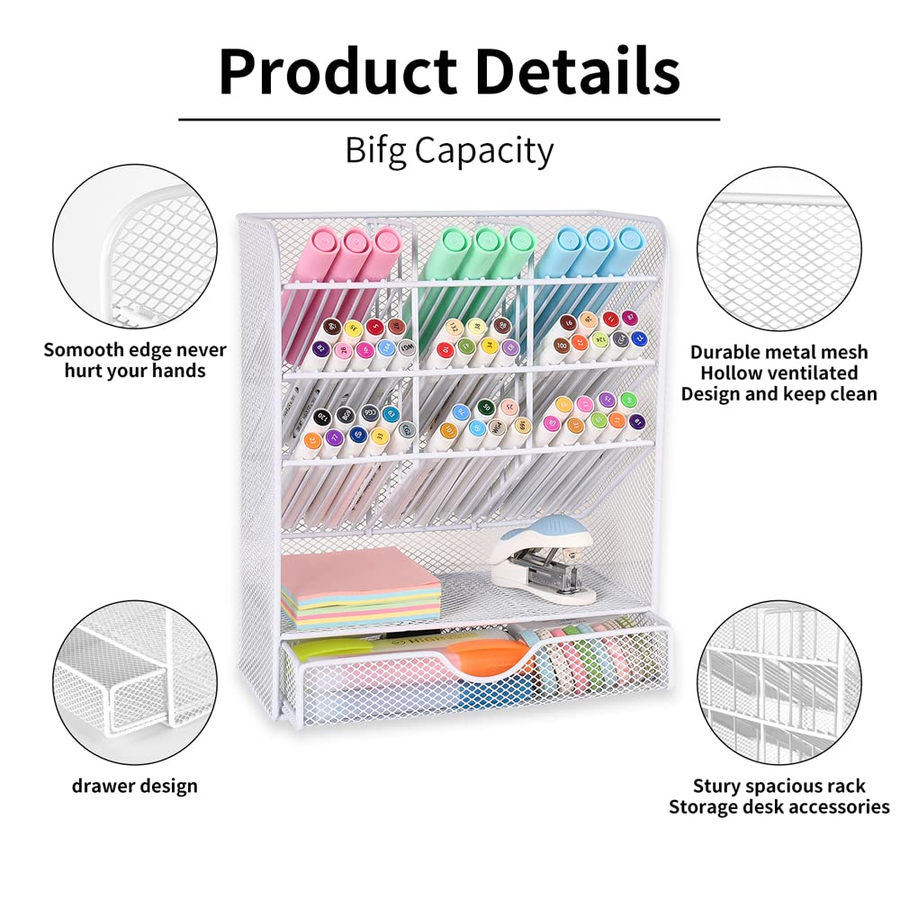 Pen Holder Desk Organizer - Desk Organizers and Accessories, Pencil Holder with 10 Compartments and 1 Drawer（White）