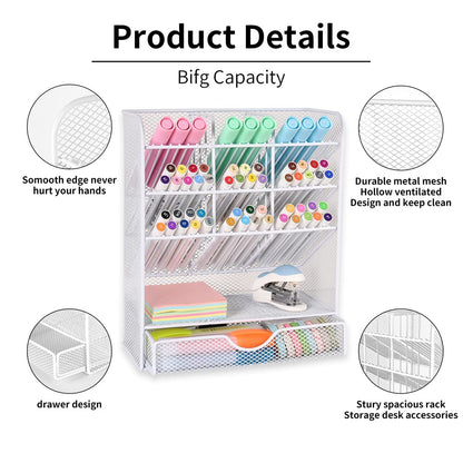 Pen Holder Desk Organizer - Desk Organizers and Accessories, Pencil Holder with 10 Compartments and 1 Drawer（White）