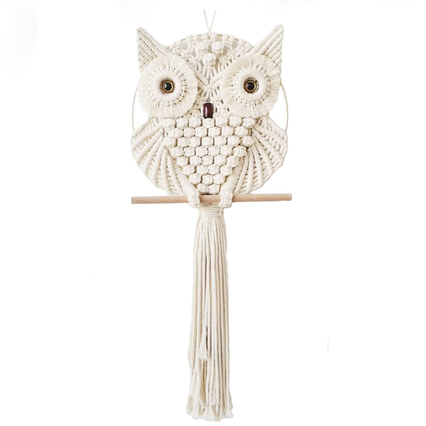 Owl Macrame Wall Hanging-Hand Woven Boho Tapestry-Macrame Wall Decor -Owl Decor for Bedroom, Living Room, Nursery (Beige-Small)