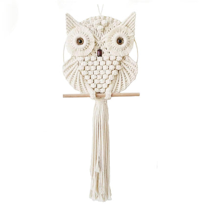 Owl Macrame Wall Hanging-Hand Woven Boho Tapestry-Macrame Wall Decor -Owl Decor for Bedroom, Living Room, Nursery (Beige-Small)