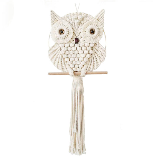 Owl Macrame Wall Hanging-Hand Woven Boho Tapestry-Macrame Wall Decor -Owl Decor for Bedroom, Living Room, Nursery (Beige-Small)