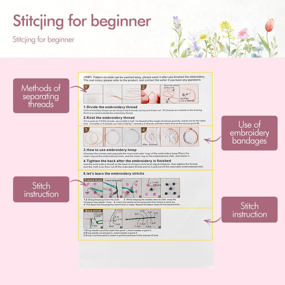 4 Pack Embroidery Kit for Beginners,Adults DIY Starter Kit,Cross Stitching Kits with Flower Stamped Patterns,Hoop,Tools,Colorful Threads with Needles,Step by Step Instructions,Hand Craft Lover Gift