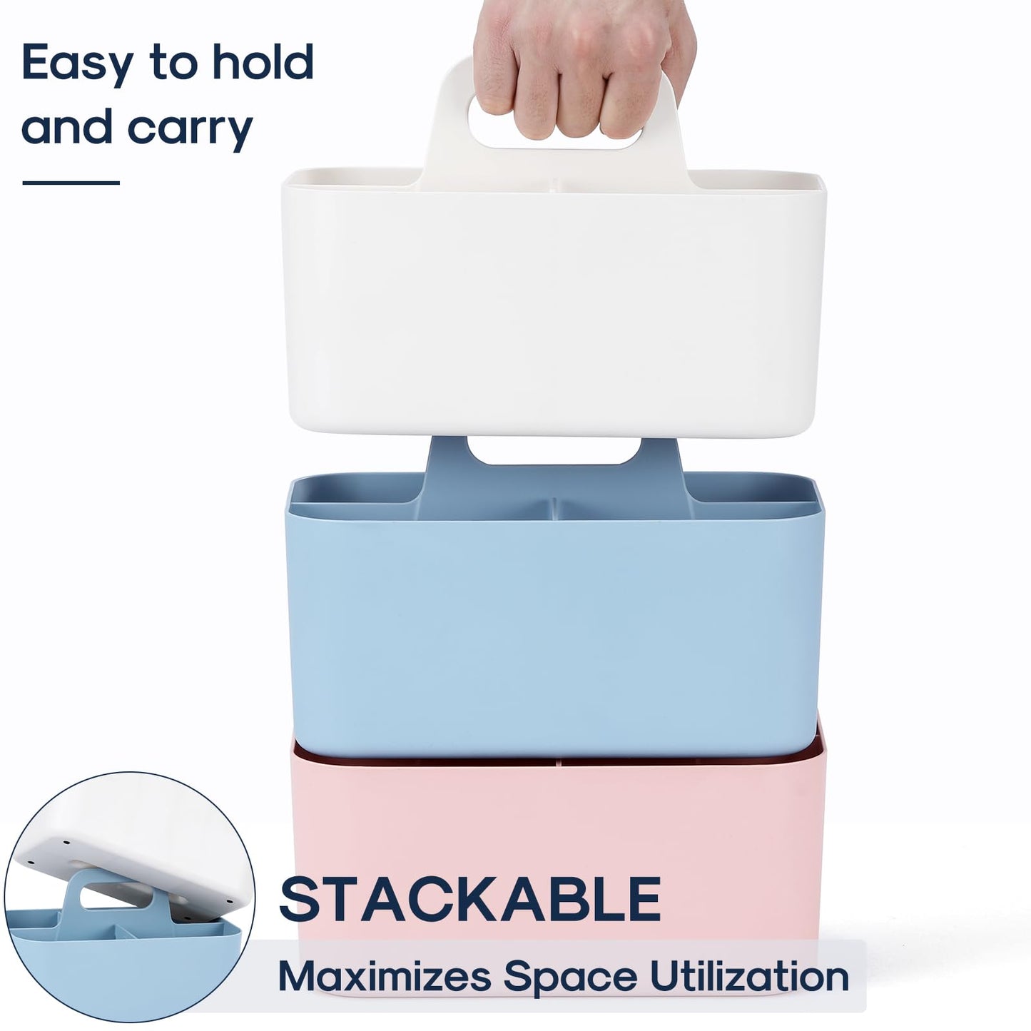 Caddy Organizer with Handle - Stackable Plastic Tote Bin - Art Craft Supplies, Office, Desk, Stationery Pen Holder, Kitchen, Utensil, Makeup, Bathroom, Shower, Cleaning, Dorm Organizer -White