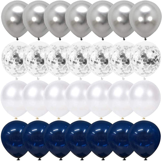 Navy Blue and Silver Confetti Balloons 50 pcs, 12 inch White Pearl and Silver Metallic Chrome Party Balloons for 2023 Graduation Party Decorations