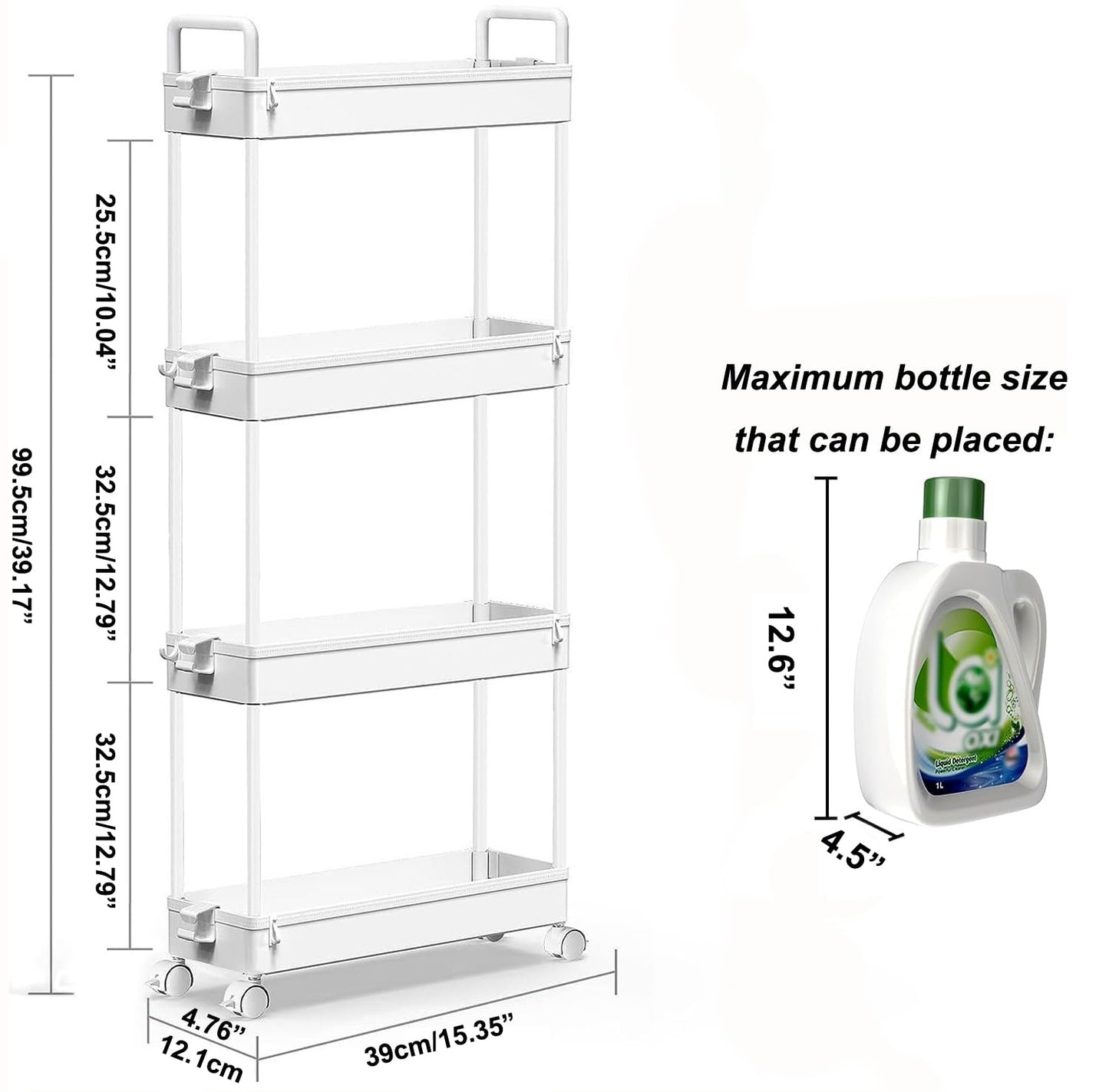 Slim Rolling Storage Cart with Wheels 4 Tier Skinny Bathroom Storage Organizer Narrow Shelf Unit Thin Laundry Room Utility Cart for Bedside Kitchen Office Next to Fridge Small Places, White