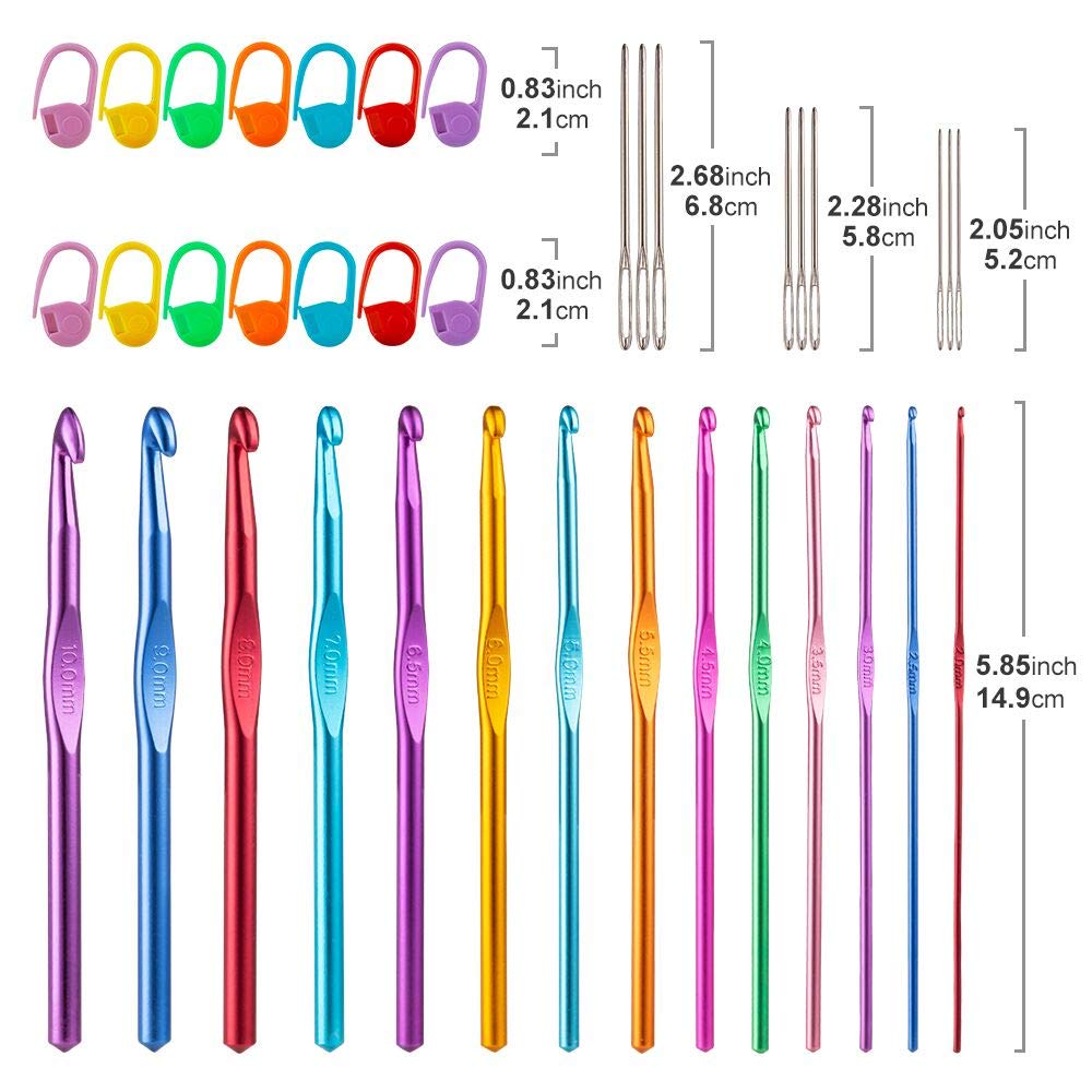 37 PCS Crochet Hooks Set, High Quality Coloured Aluminum Ergonomic Handle Crochet, Hook Needles for Arthritic Hands, with Stitch Markers and Large-Eye Blunt Needles