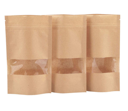 Stand Up Pouches 100pcs, 7.8''×4.6'' Resealable Bags for Small Business, Resealable Kraft Paper Bags with Window, Paper Bakery Bag for Small Business, Family, Company