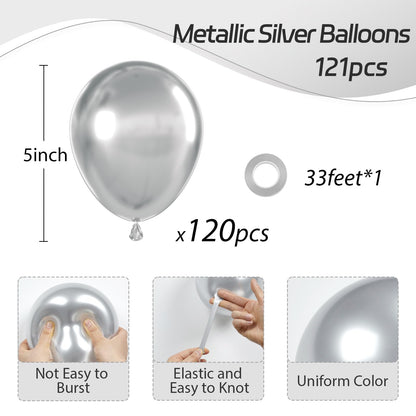 120pcs 5 inch Metallic Silver, Small Chrome Silver Latex Balloons for Graduation Wedding Baby Shower Disco Birthday Party Decorations