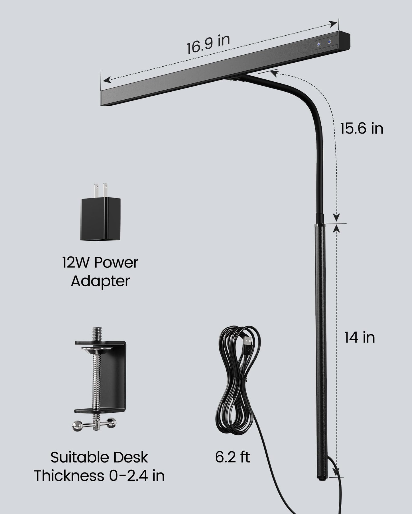 LED Desk Lamp for Office Home, Eye-Caring Desk Light with Adjustable Gooseneck, 12W Touch Control Dimmable Brightness, Architect Clamp Lamp with USB Adapter for Reading Study Workbench