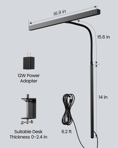 LED Desk Lamp for Office Home, Eye-Caring Desk Light with Adjustable Gooseneck, 12W Touch Control Dimmable Brightness, Architect Clamp Lamp with USB Adapter for Reading Study Workbench