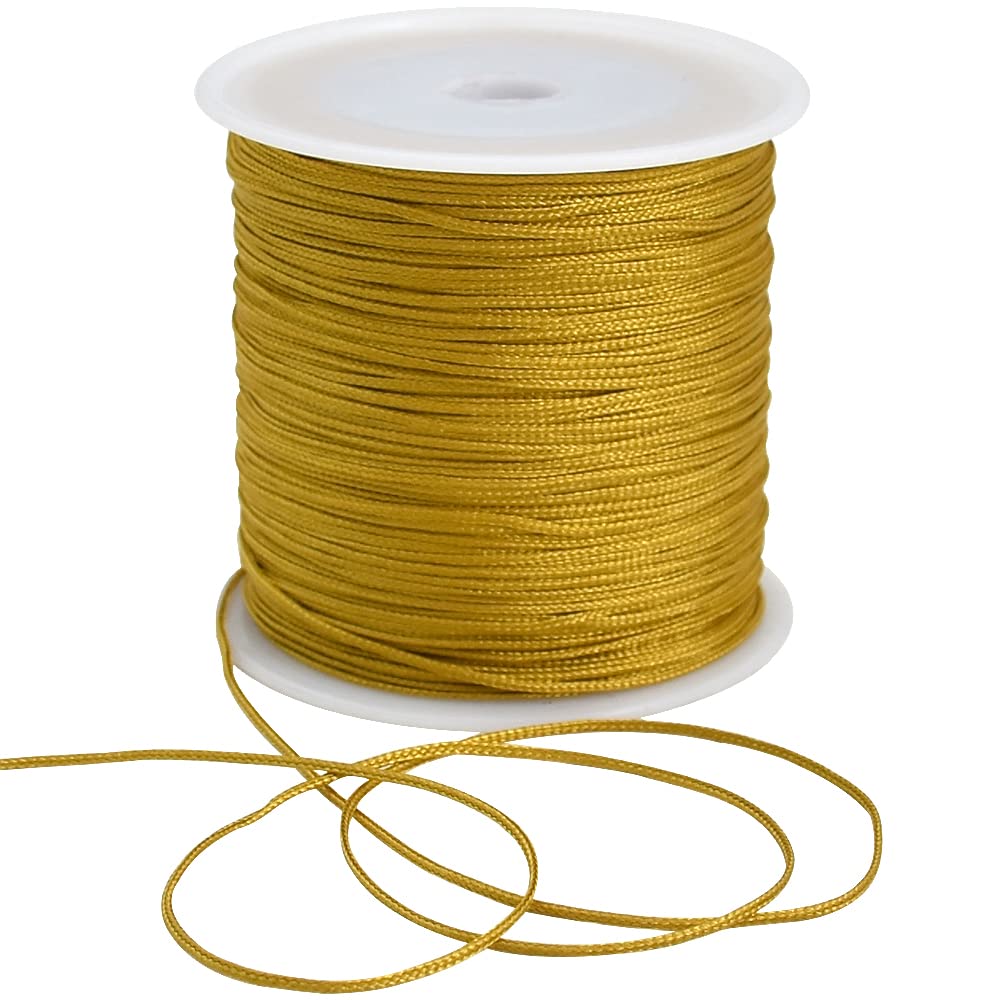 1mm x 100 Yards Gold Nylon Cord Satin String for Bracelet Jewelry Making Rattail Macrame Trim Cord Necklace Bulk Beading Thread Kumihimo Chinese Knot Craft