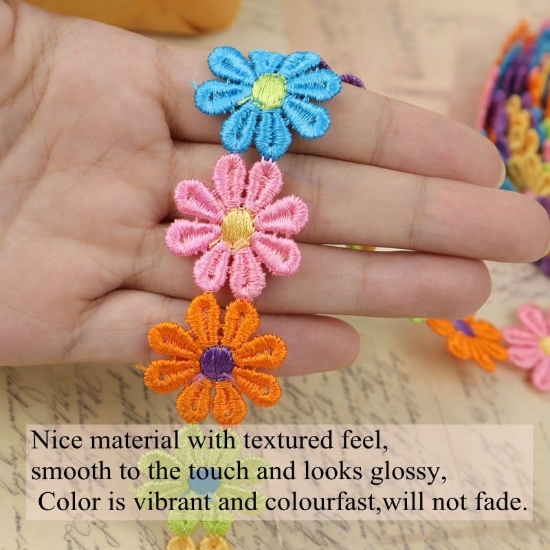 Daisy Flower Lace Trim Embroidered DIY Handmade Patchwork Ribbon Sewing Supplies Crafts 2.5CM Wide 7Yards Colorful