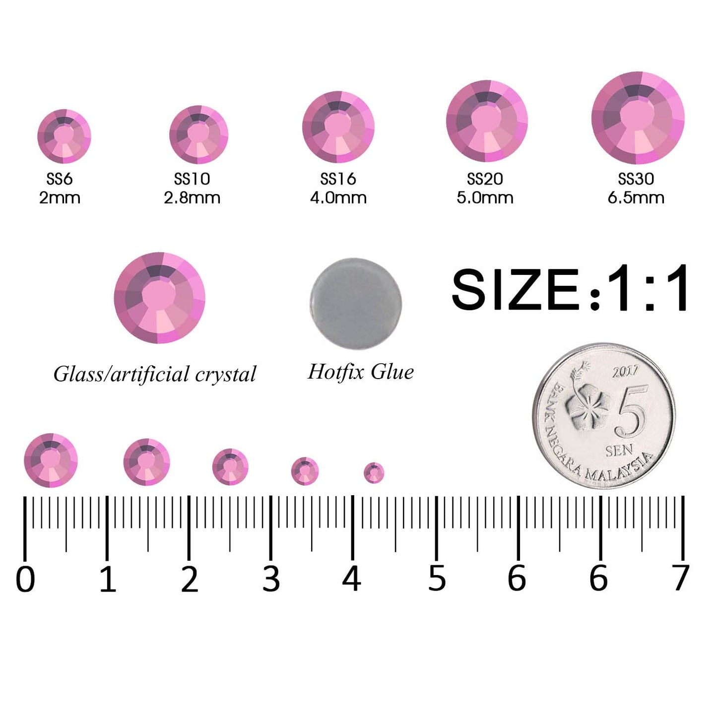 6796PCS Pink Hotfix Rhinestones Crystal Stones Glass for Fabric Clothes Shirts Sparkly Flat Back Round with Tweezers and Picking Pen (SS6~SS30 Set)