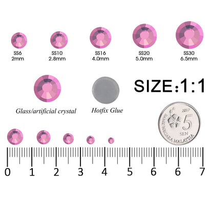 6796PCS Pink Hotfix Rhinestones Crystal Stones Glass for Fabric Clothes Shirts Sparkly Flat Back Round with Tweezers and Picking Pen (SS6~SS30 Set)