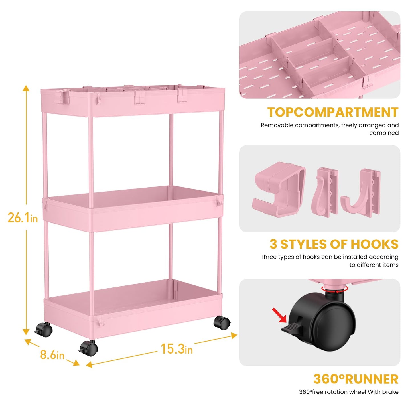 3 Tier Rolling Cart with Wheels, Storage Craft Art Trolley Organizer Serving, 3 Hanging Baskets Easy Assembly, for Office, Living Room, Kitchen, Pink