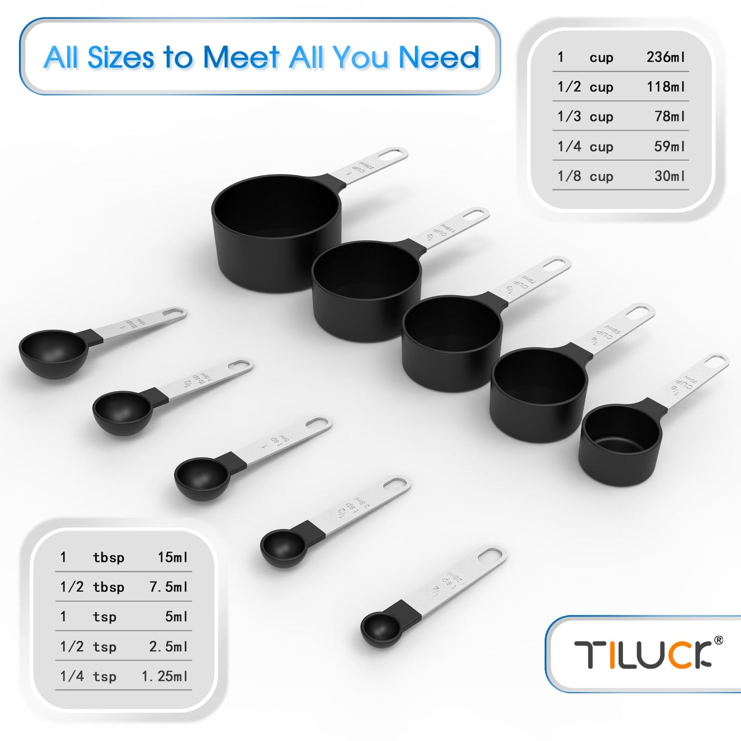 Measuring Cups & Spoons Set, Stackable Cups and Spoons, Nesting Measure Cups with Stainless Steel Handle, Kitchen Gadgets for Cooking & Baking (Black) & Organizer Storage Tote Bag