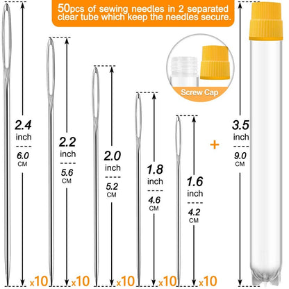 50 Pack Premium Large Eye Needles for Hand Sewing with 4 Needle Threaders, Assorted Sizes, Embroidery Needles for Hand Sewing, Sewing Needles Large Eye, Big Eye Needle