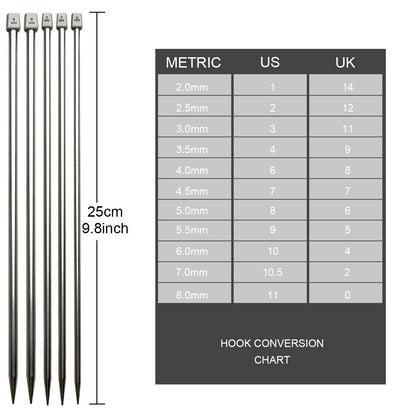 11 Pairs Knitting Needle Set, 10'' Length Stainless Steel Single Pointed Sweater Staight Needle Kit in Different Sizes, Great for Weaving or Knitting