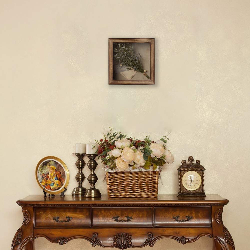 Shadow Box Frame 8x8 Shadow Boxes Display Case with Linen Back Memorabilia Awards Medals Bouquet Photos Picture Badge Wedding Memory Box for Keepsakes Carbonized Small Pin Board