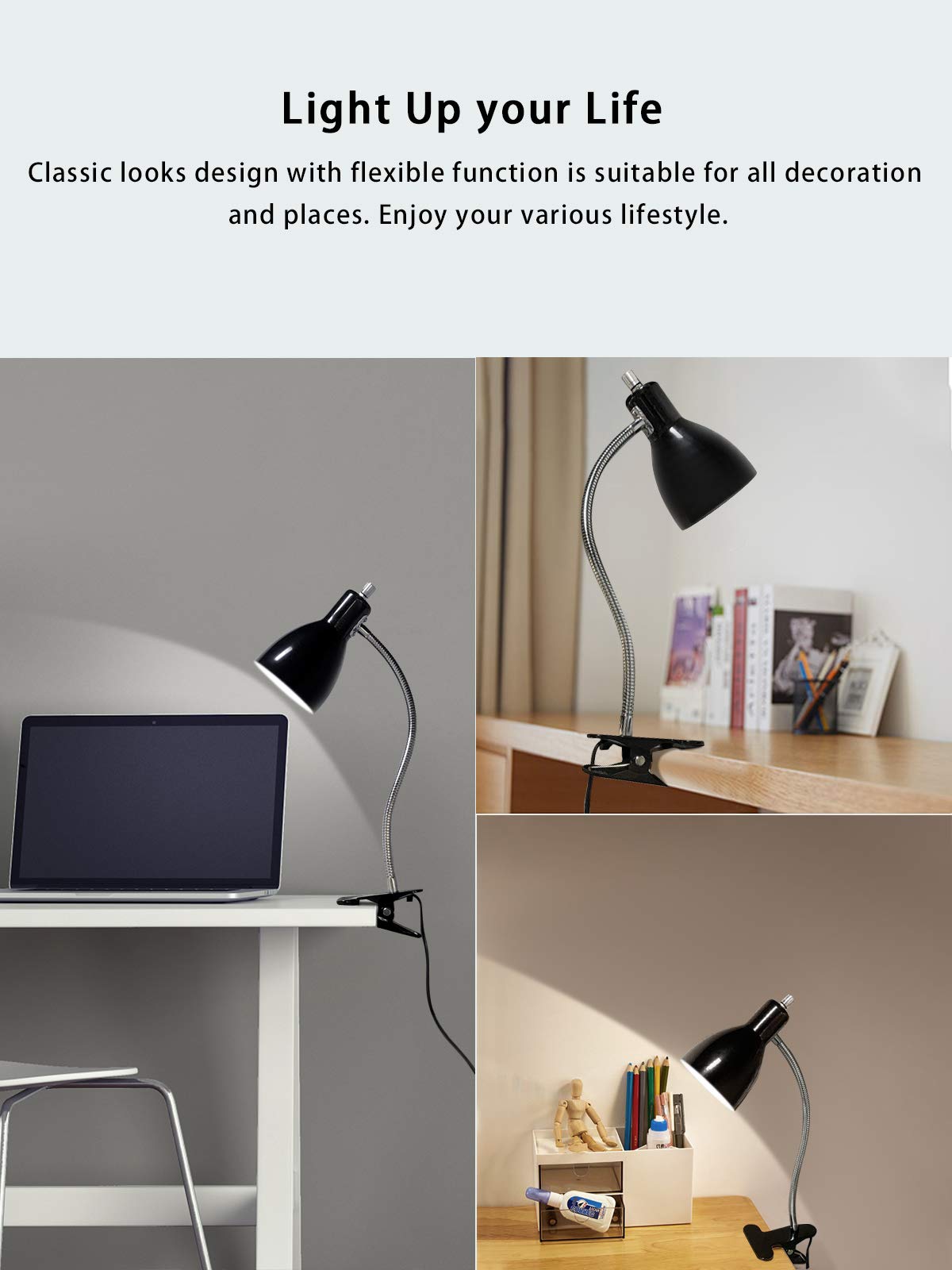 Desk lamp Eye-Caring Table Lamps, 360°Rotation Gooseneck Clip on Lamp Reading Light Portable Reading Book Light Clamp Study Desk Lamps for Bedroom and Office Home Lighting (Black)