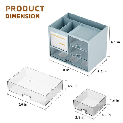 Desk Organizer with 3 Drawer, Multi-Functional Pencil Pen Holder for Desk, Desktop Organizer Storage for Office Home Art Supplies (Blue)