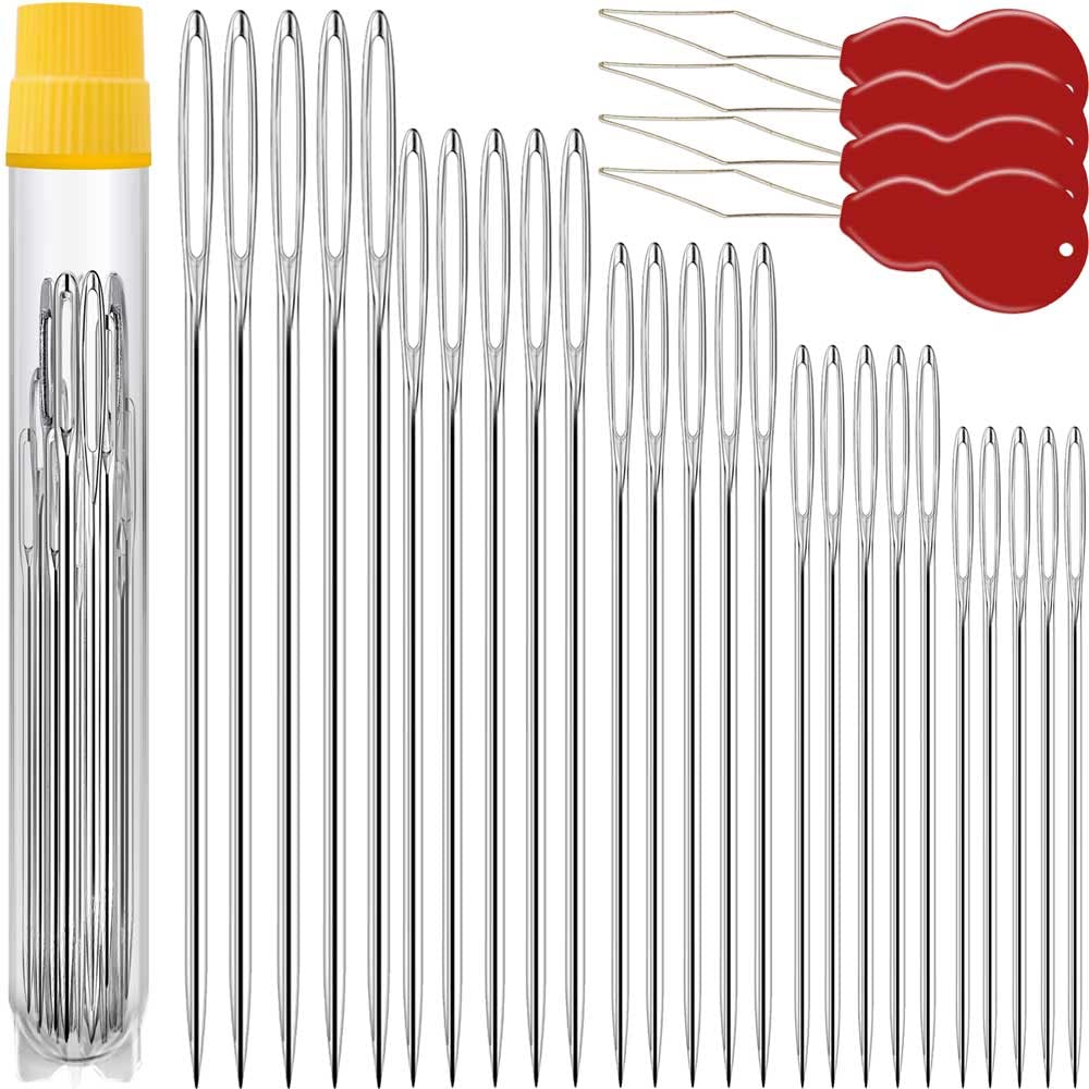 50 Pack Premium Large Eye Needles for Hand Sewing with 4 Needle Threaders, Assorted Sizes, Embroidery Needles for Hand Sewing, Sewing Needles Large Eye, Big Eye Needle