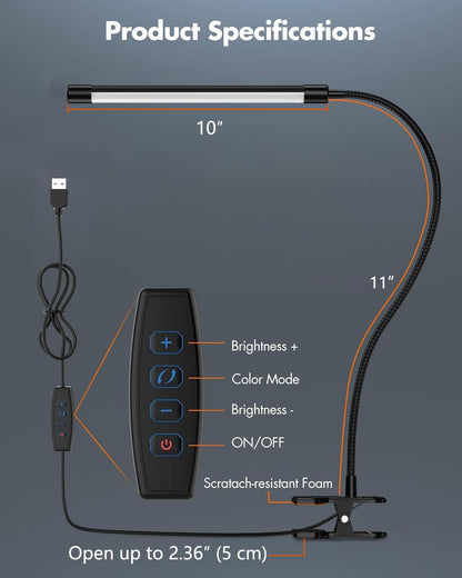 LED Desk Lamp with Clamp - Adjustable 3 Color Modes 10 Brightness Level Table Lamp, USB Eye Caring Flexible Gooseneck Desk Light for Home Office, Dorm Room, Reading, Nail, Clip On Light, Black