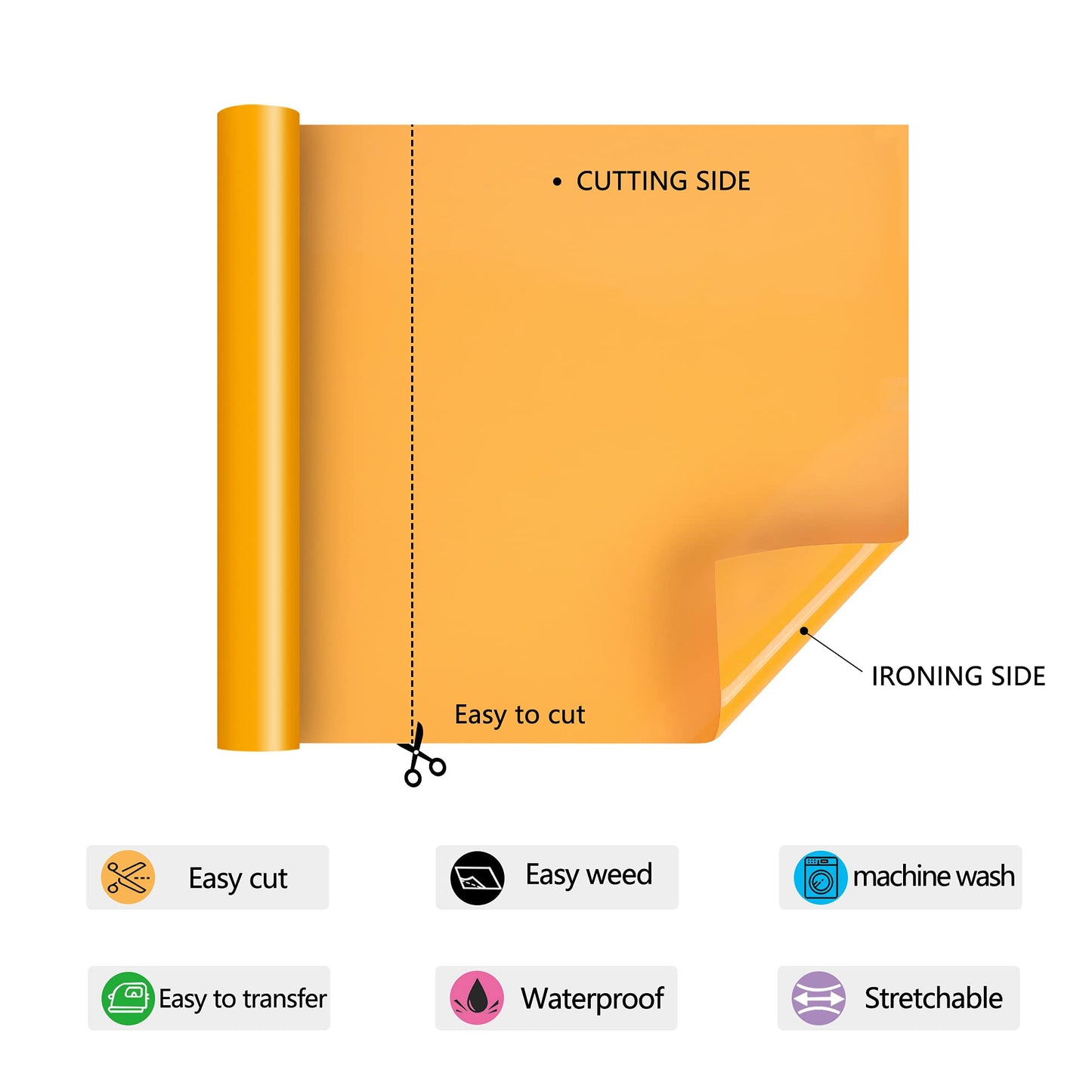 Yellow Orange Iron on Vinyl - 12Inch by 5ft Roll HTV Heat Transfer Vinyl for T-Shirt HTV Rolls for All Cutter Machine - Easy to Cut & Weed for Heat Transfer Design