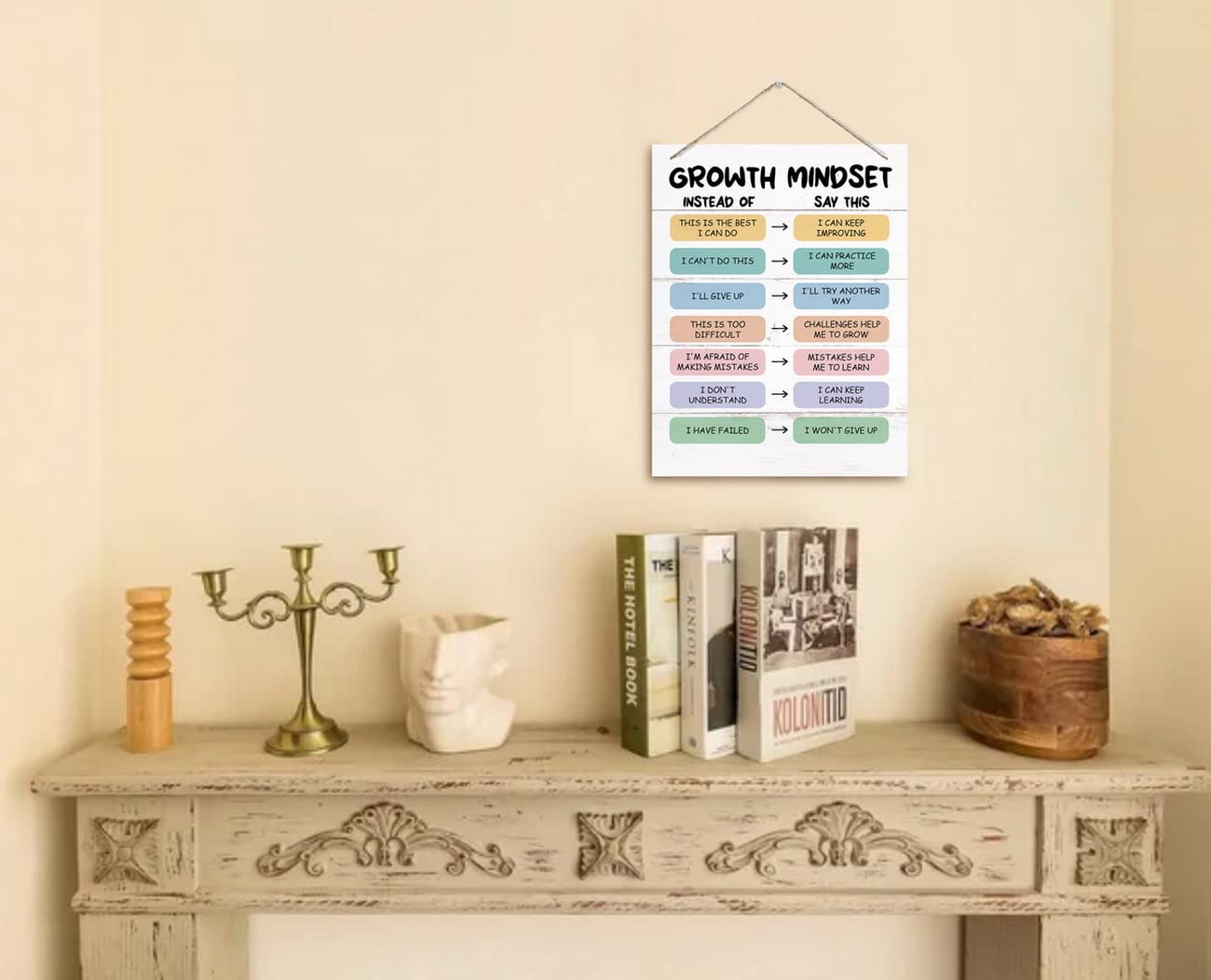 Growth Mindset Decor Sign, Hanging Printed Wall Plaque Wood Signs, School Psychologist Wall Art for Office Decor, Counselor Posters CBT Classroom Challenging Negative Thoughts, Gifts for Kids 10X7.8in